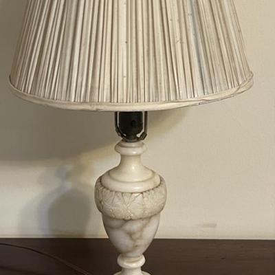 Lot 64 Antique Carved Alabaster Table Lamp Pleated Shade 24" tall