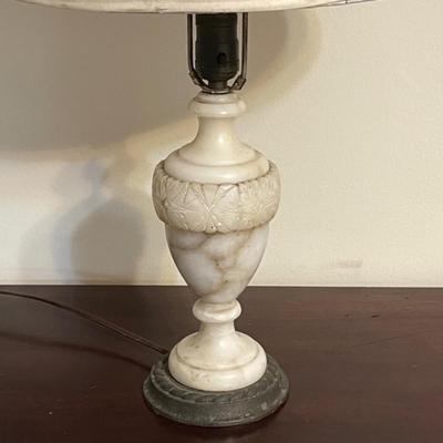 Lot 64 Antique Carved Alabaster Table Lamp Pleated Shade 24" tall