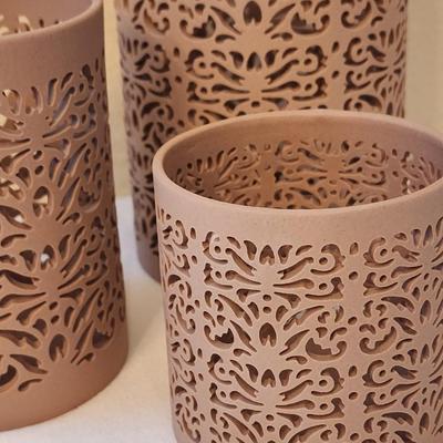 Lot of Three Taupe Porcelain Bisque Luminaria Candleholders