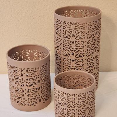 Lot of Three Taupe Porcelain Bisque Luminaria Candleholders