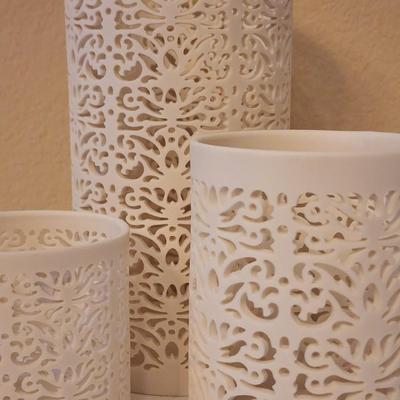 Lot of Three White Porcelain Bisque Luminaria Candleholders