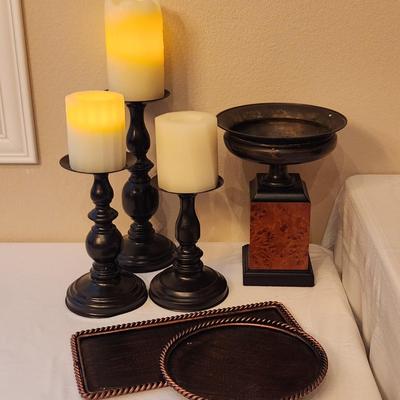 9 Piece Brown and Black LOT - candles. Planter. Decorative trays