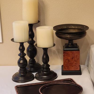 9 Piece Brown and Black LOT - candles. Planter. Decorative trays