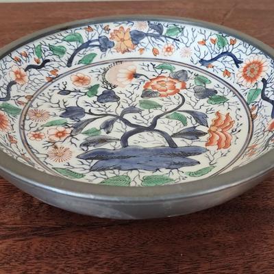 Vintage 9 1/2" Japanese Porcelainware Bowl in Metal - Painted in Hong Kong, Blue, Green, Coral