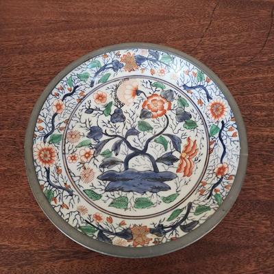 Vintage 9 1/2" Japanese Porcelainware Bowl in Metal - Painted in Hong Kong, Blue, Green, Coral