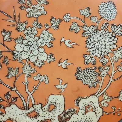 Vintage 8 1/2" Japanese Porcelainware, wrapped in metal - Painted in Hong Kong. Coral , black and white floral