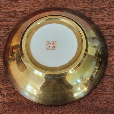 Vintage 5 1/2" Japanese Porcelainware Bowl wrapped in brass - painted in Hong Kong - Rich Red & Jewel Tones