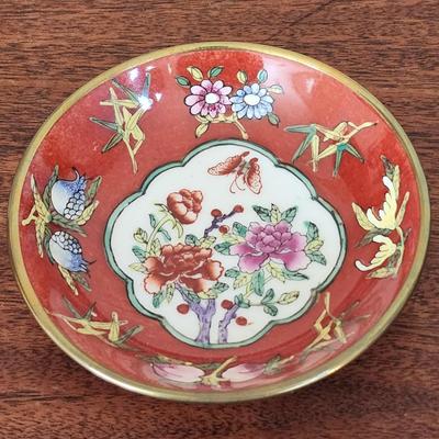 Vintage 5 1/2" Japanese Porcelainware Bowl wrapped in brass - painted in Hong Kong - Rich Red & Jewel Tones