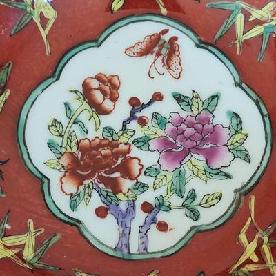 Vintage 5 1/2" Japanese Porcelainware Bowl wrapped in brass - painted in Hong Kong - Rich Red & Jewel Tones