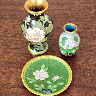Lot of 3 Vintage Pieces of Chinese Cloisonne - 2 Vases and 1 dish