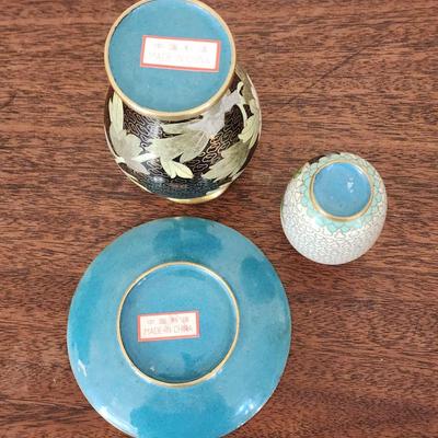 Lot of 3 Vintage Pieces of Chinese Cloisonne - 2 Vases and 1 dish