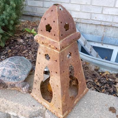 CONCRETE TURTLE AND A METAL CANDLE LANTERN