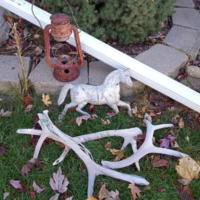 METAL HORSE, LANTERN, ANTLERS AND SHEPHERDS HOOK WITH HORSE MOBILE