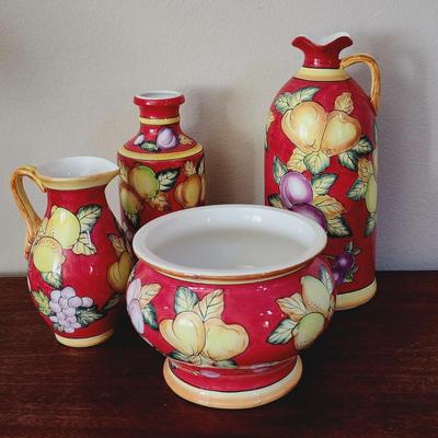4 Piece Lot of Decorative Fruit Themed Planter Pots, Pitchers & Vases