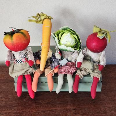 Set of4 Poseable Gardner Vegetable Head Anthropomorphic Dolls - Beet, Cabbage, Carrot and Tomato Heads