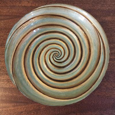 Large 13" Glass Green & Gold Swirl Decorative Bowl