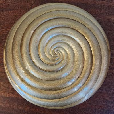 Large 13" Glass Green & Gold Swirl Decorative Bowl