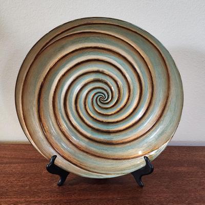 Large 13" Glass Green & Gold Swirl Decorative Bowl