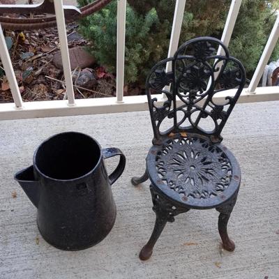 SMALL CAST IRON DOLL CHAIR AND A ENAMELED KETTLE