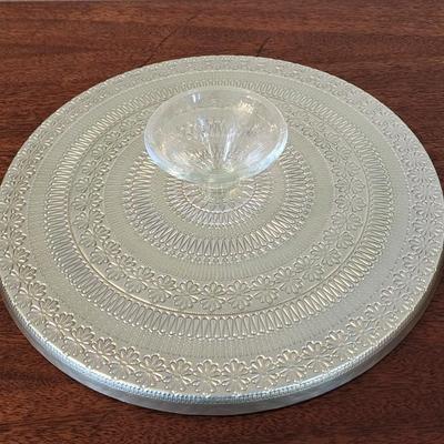 Vintage 13" Glass Footed Cake Stand backpainted in jadeite green and gold - never used.