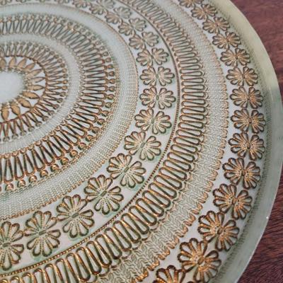 Vintage 13" Glass Footed Cake Stand backpainted in jadeite green and gold - never used.