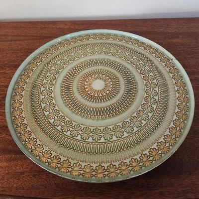 Vintage 13" Glass Footed Cake Stand backpainted in jadeite green and gold - never used.