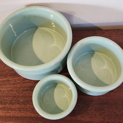 Lot of 3 Heavy, Celadon Colored Crock Bowls - 11", 8.5" and 6"