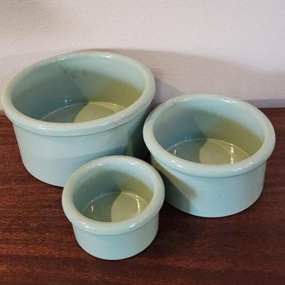 Lot of 3 Heavy, Celadon Colored Crock Bowls - 11", 8.5" and 6"