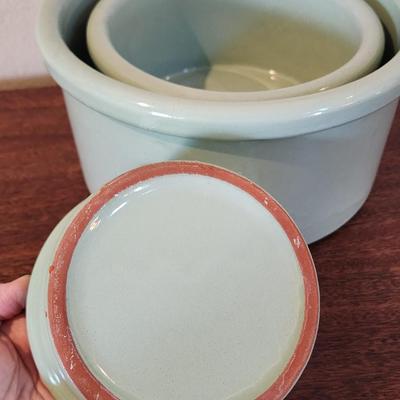 Lot of 3 Heavy, Celadon Colored Crock Bowls - 11", 8.5" and 6"