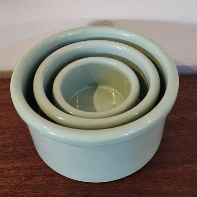 Lot of 3 Heavy, Celadon Colored Crock Bowls - 11", 8.5" and 6"