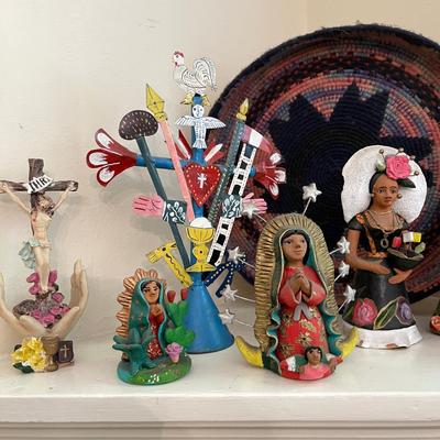 Lot 102  Clay & Mixed Material Religious 8 Figures + Mexican Round Hooked Platter