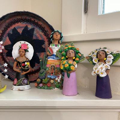 Lot 102  Clay & Mixed Material Religious 8 Figures + Mexican Round Hooked Platter