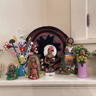 Lot 102  Clay & Mixed Material Religious 8 Figures + Mexican Round Hooked Platter