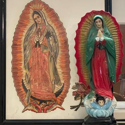 Lot 103 Our Lady of Guadalupe Framed Picture & Plaster Statue