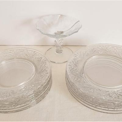Lot #41 Vintage Etched Crystal Compote and lot of crystal luncheon plates