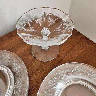 Lot #41 Vintage Etched Crystal Compote and lot of crystal luncheon plates