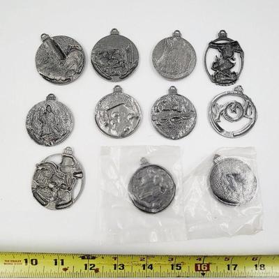 MULTI YEAR SEASONS GREETING COUNTRY STORE METAL PEWTER TONED CHRISTMAS ORNAMENT BUNDLE