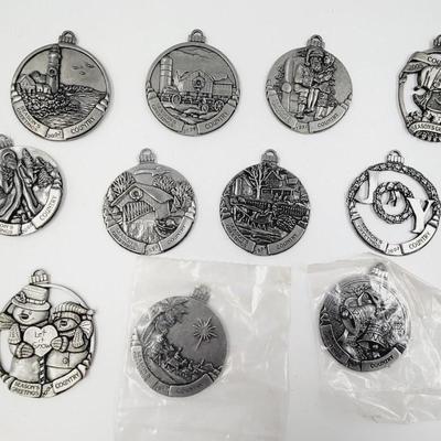 MULTI YEAR SEASONS GREETING COUNTRY STORE METAL PEWTER TONED CHRISTMAS ORNAMENT BUNDLE