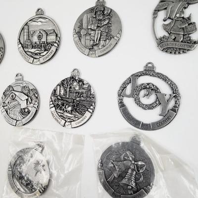 MULTI YEAR SEASONS GREETING COUNTRY STORE METAL PEWTER TONED CHRISTMAS ORNAMENT BUNDLE