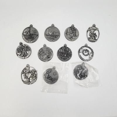 MULTI YEAR SEASONS GREETING COUNTRY STORE METAL PEWTER TONED CHRISTMAS ORNAMENT BUNDLE