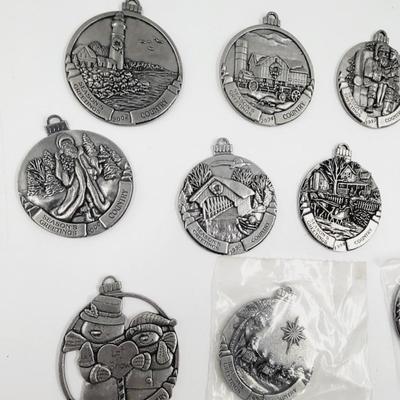 MULTI YEAR SEASONS GREETING COUNTRY STORE METAL PEWTER TONED CHRISTMAS ORNAMENT BUNDLE