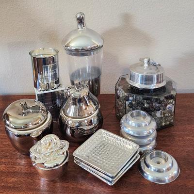 Shiny Silver Lot- 13 pieces - Candles, deco jars, trinket dish & more