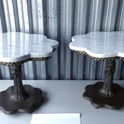 2 matching side tables, Italian marble tops. Minor scratches and dings. Unknown maker