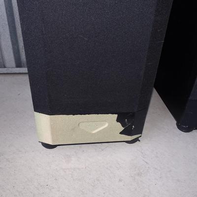 Set of 2 Klipsch 8.5 speakers. Minor damage and missing face plate on one. Scratches and dings on both. Ring on top of one.