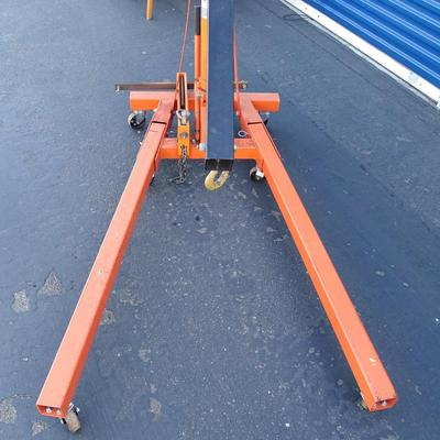 Folding Engine hoist with swivel hook, extra large wheels, newer ram, modifications for extension of arm, Harbor Freight sourced...