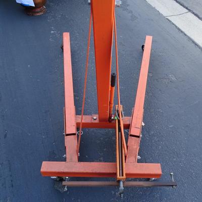 Folding Engine hoist with swivel hook, extra large wheels, newer ram, modifications for extension of arm, Harbor Freight sourced...