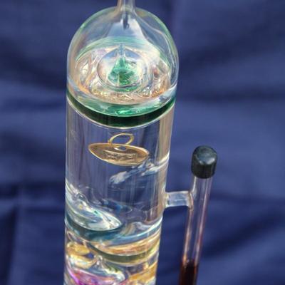 Set of 2 Galileo thermometers (20" and 14"); multi-colored spheres. Some water evaporation.