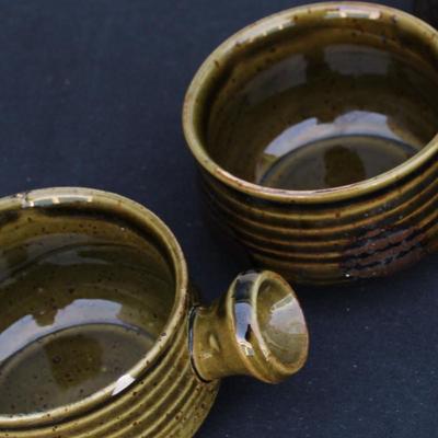 Vintage set of 4 French Onion Soup Bowls.  Modern Mid Century Dishes.  Genuine Stoneware.  3 matching, one a lighter color.