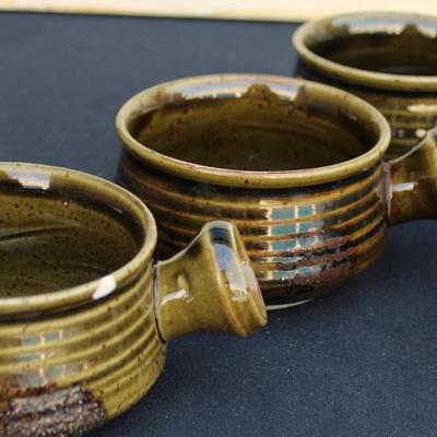 Vintage set of 4 French Onion Soup Bowls.  Modern Mid Century Dishes.  Genuine Stoneware.  3 matching, one a lighter color.
