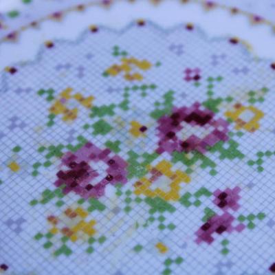 Rare Vintage Royal Albert Cross Stitch Floral Gold Edging Set. 2 Square Dessert Plates and 8 Petit Point Egg Cups. Small cracks in one...